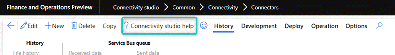 Connectivity studio help section in Finance and Operations Preview interface with navigation tabs.